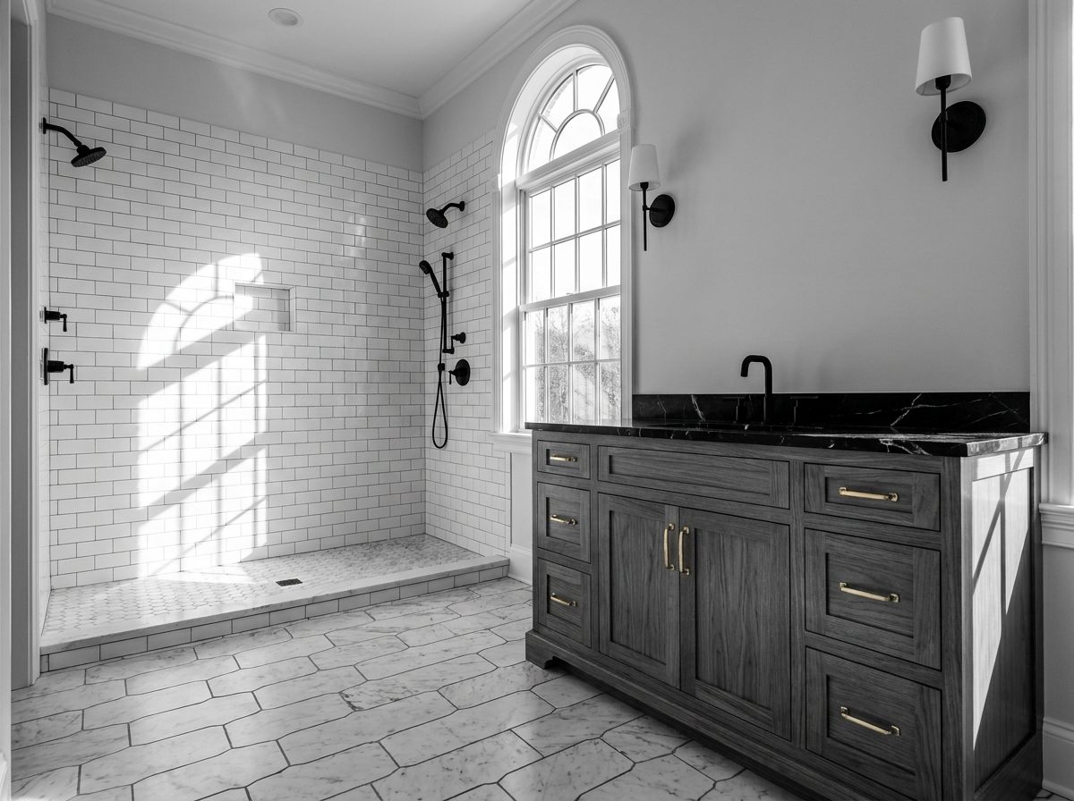 Remodeled bathroom with subway tile, marble hex floor and custom vanity