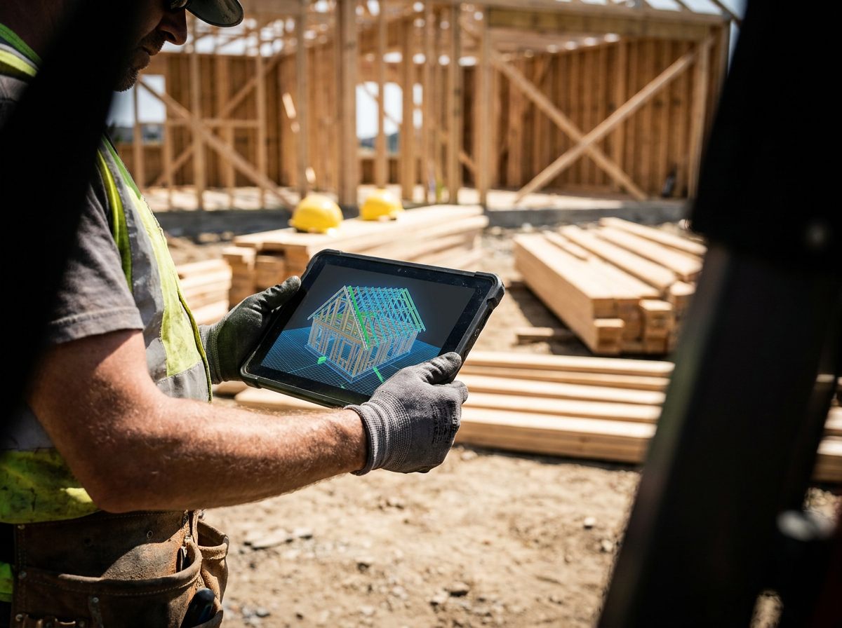 Builder reviewing a 3D model of the home on a tablet at the job site