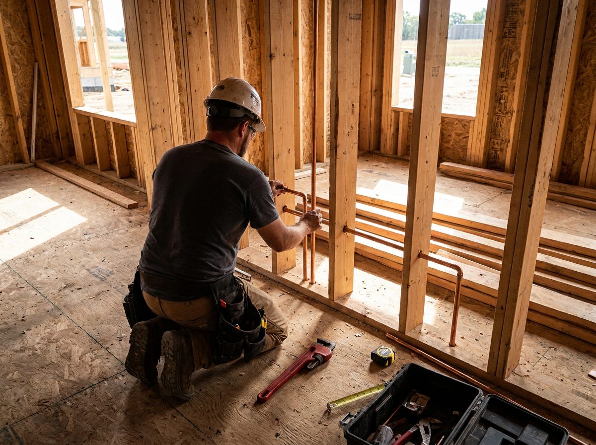 Plumber installing copper supply lines in a framed house under construction