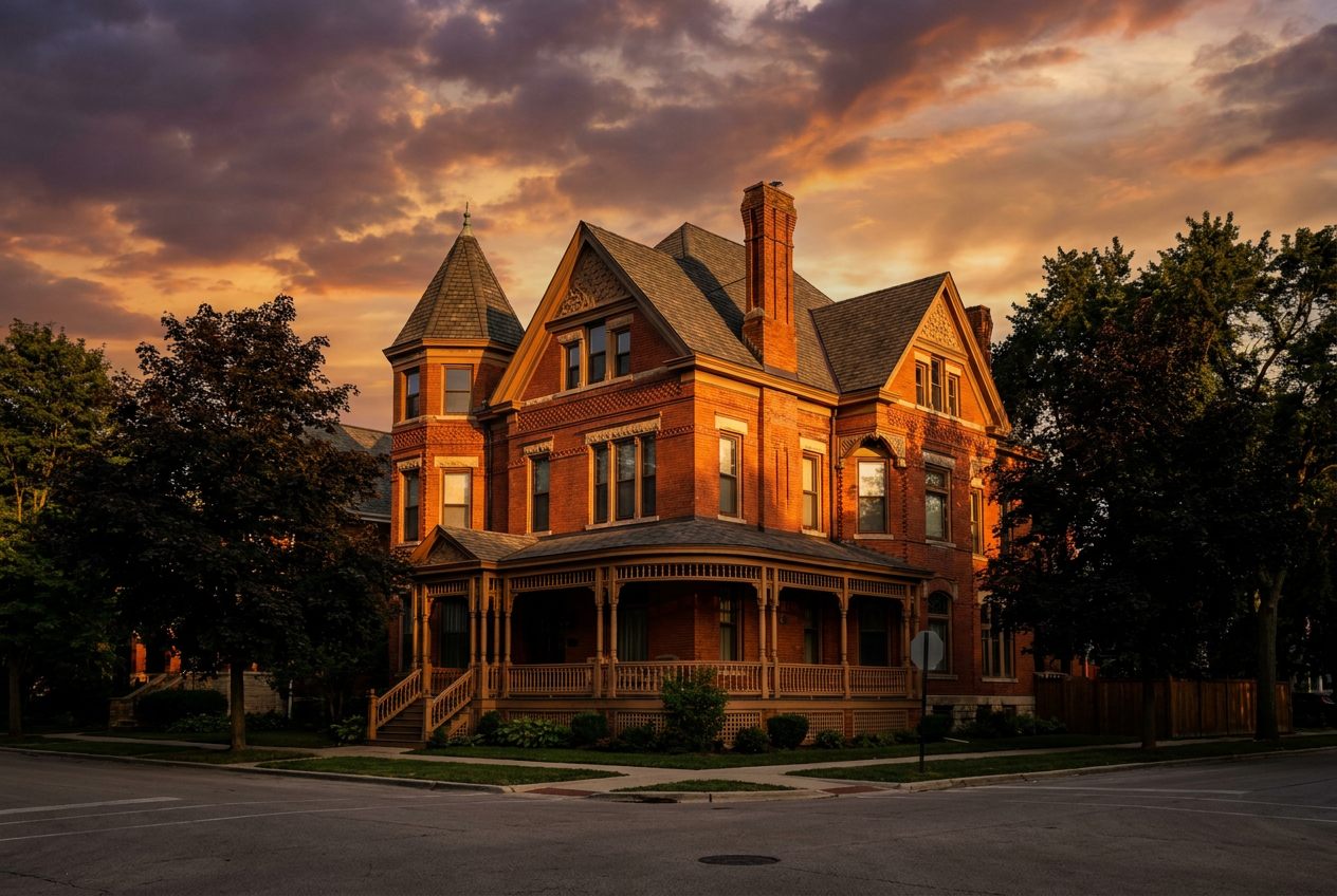 Restored Victorian brick home with rebuilt wraparound porch in Evanston